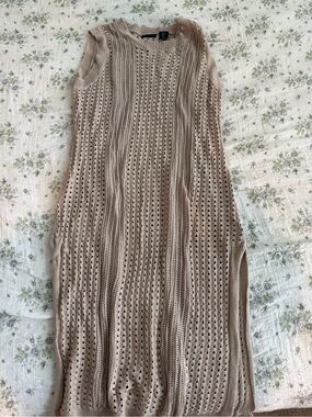 Tahari Open-Knit Sleeveless Sweater Dress in Taupe